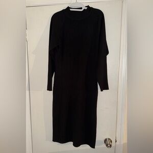 Lily White Ribbed Knit Black Long Sleeve MIDI Dress